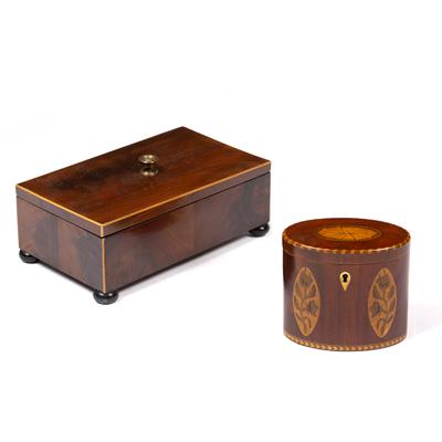 Lot 23 - A 19TH CENTURY MAHOGANY AND INLAID OVAL TEA CADDY with chequer strung edges