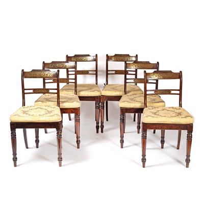 Lot 44 - A SET OF SIX REGENCY SIMULATED ROSEWOOD AND BRASS INLAID BAR BACK DINING CHAIRS with caned seats and