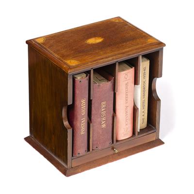 Lot 55 - AN EDWARDIAN MAHOGANY AND INLAID SMALL STATIONERY CABINET having four divisions above a drawer