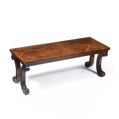 Lot 62 - A ROSEWOOD RECTANGULAR LOW OCCASIONAL TABLE on double 'C' scroll end supports