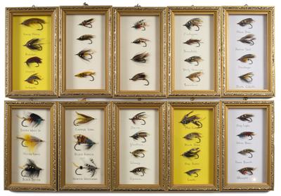 Lot 91 - A COLLECTION OF TEN FRAMED AND GLAZED DISPLAYS OF SALMON FISHING FLIES many titled