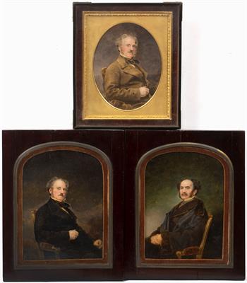 Lot 93 - A PAIR OF MID-VICTORIAN OVERPAINTED PHOTOGRAPHIC PORTRAITS OF GENTLEMEN seated half length