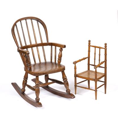 Lot 106 - AN ASH AND ELM CHILD'S WINDSOR ROCKING CHAIR with hoop back