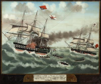 Lot 109 - A 19TH CENTURY REVERSE PAINTED GLASS PICTURE of the rescue of passengers from a burning ship at sea