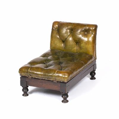 Lot 113 - A 19TH CENTURY MAHOGANY ADJUSTABLE GOUT STOOL with buttoned green leather upholstery