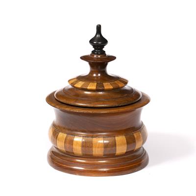 Lot 118 - A 19TH CENTURY DUTCH TOBACCO BOX AND COVER with banded alternate light and dark wood turned body