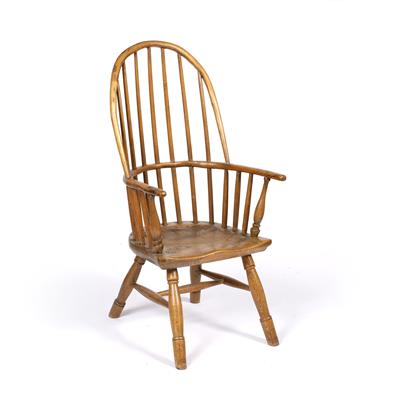 Lot 120 - AN EARLY 19TH CENTURY COUNTRY MADE ASH AND ELM WINDSOR CHILD'S CHAIR with hoop back and solid seat