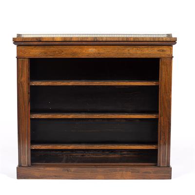 Lot 132 - AN EARLY 19TH CENTURY ROSEWOOD AND BRASS STRUNG OPEN BOOKCASE the top with pierced brass gallery