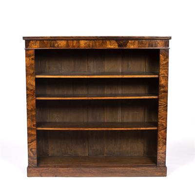 Lot 137 - A MID VICTORIAN FIGURED WALNUT OPEN BOOKCASE with adjustable shelves