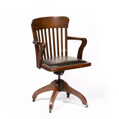 Lot 150 - AN EDWARDIAN STAINED BEECH OFFICE CHAIR with slatted back