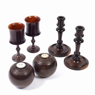 Lot 164 - A PAIR OF LIGNUM VITAE CANDLESTICKS