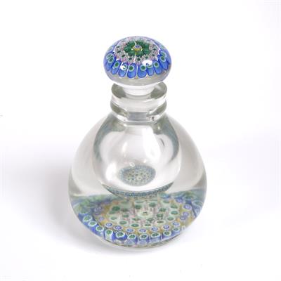 Lot 220 - A STOURBRIDGE GLASS PAPERWEIGHT INKWELL AND STOPPER the base and stopper with millefiori canes in