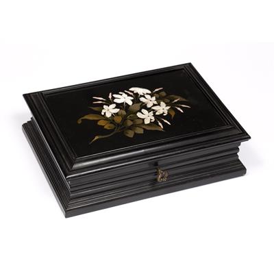 Lot 226 - A 19TH CENTURY ITALIAN EBONISED PIETRA DURA INSET RECTANGULAR BOX the lid decorated with a spray of