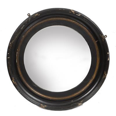 Lot 229 - A REGENCY EBONISED CONVEX WALL MIRROR with gilt heightened strapwork frame and slip and Thomas