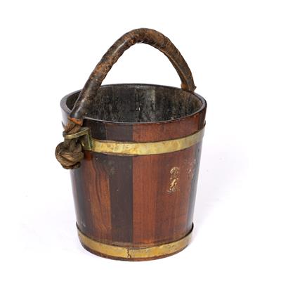 Lot 234 - A 19TH CENTURY BRASS BOUND TEAK COOPERED BUCKET with leather covered rope swing handle