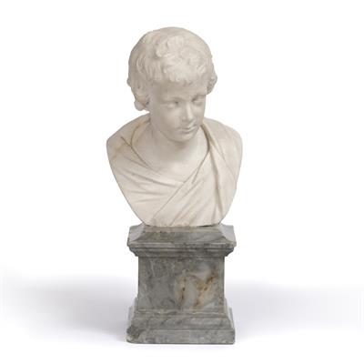 Lot 240 - AN 18TH CENTURY MARBLE BUST OF A YOUNG BOY on grey veneered marble plinth base