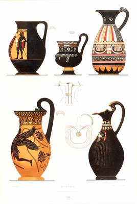 Lot 244 - A SET OF FOUR GERMAN COLOURED LITHOGRAPHS depicting classical Greek urns