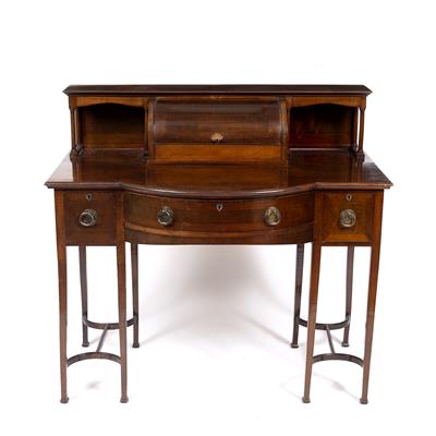 Lot 246 - AN EARLY 20TH CENTURY WALNUT AND MAHOGANY WRITING DESK the raised superstructure with a cylinder