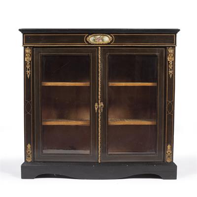 Lot 248 - A LATE 19TH CENTURY EBONISED AND GILT METAL MOUNTED BOOKCASE the frieze mounted with a Sevres style