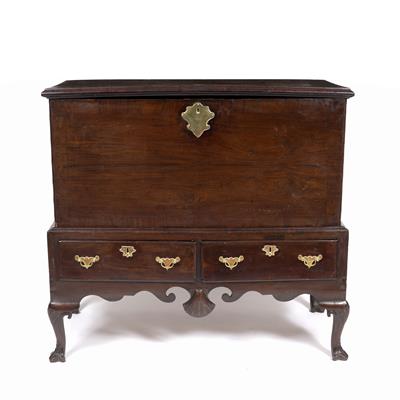 Lot 251 - AN 18TH CENTURY IRISH MAHOGANY MULE CHEST ON STAND the stand fitted with two drawers above a scroll