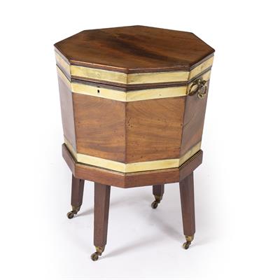 Lot 252 - A GEORGE III MAHOGANY AND BRASS BOUND WINE COOLER of octagonal form