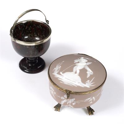 Lot 255 - A 19TH CENTURY FRENCH PORCELAIN AND GILT METAL MOUNTED CIRCULAR CASKET the coffee ground pate sur