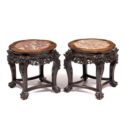 Lot 258 - A PAIR OF CHINESE HARDWOOD JARDINIERE STANDS with rouge marble inset shaped tops