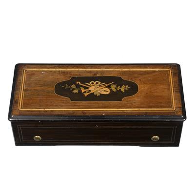 Lot 264 - A LATE 19TH CENTURY SWISS ROSEWOOD AND INLAID MUSIC BOX by B.A. Brémond