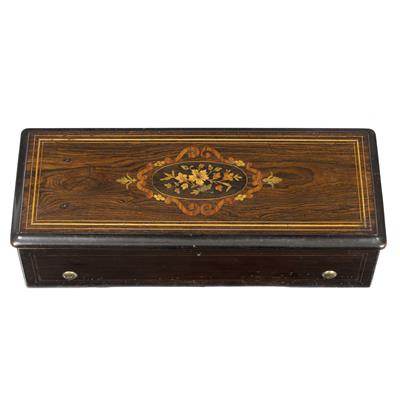 Lot 268 - A LATE 19TH CENTURY SWISS ROSEWOOD AND INLAID ZITHER HARMONIQUE PICCOLO MUSIC BOX the 13 brass"