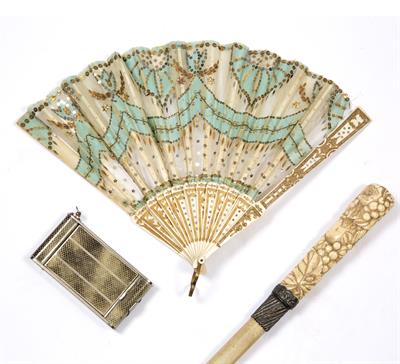 Lot 286 - A LATE 19TH CENTURY BONE AND SEQUINED GAUZE FAN with gilt heightened sticks