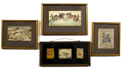 Lot 291 - AN INDIAN PAINTED IVORINE PLAQUE depicting a horseback game