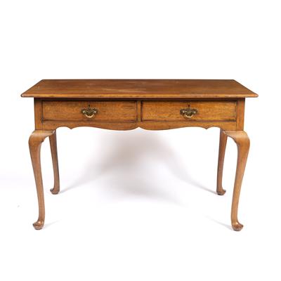 Lot 293 - A QUEEN ANNE STYLE OAK WRITING TABLE with two mahogany banded drawers on cabriole legs