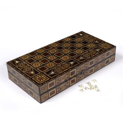 Lot 297 - A MIDDLE EASTERN MARQUETRY AND MOTHER OF PEARL INLAID GAMES BOX of rectangular form