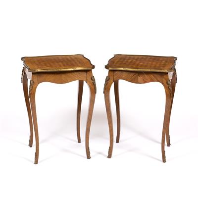 Lot 300 - A PAIR OF FRENCH GILT METAL MOUNTED OCCASIONAL TABLE with shaped square parquetry inlaid tops