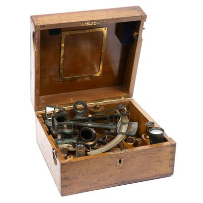 Lot 303 - A LACQUERED BRASS SEXTANT by Heath & Co. in fitted walnut case