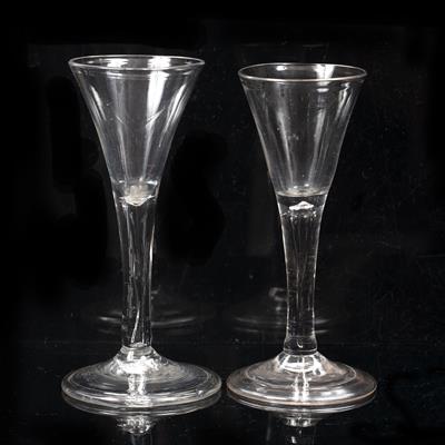 Lot 314 - TWO 18TH CENTURY WINE GLASSES with flared conical bowls