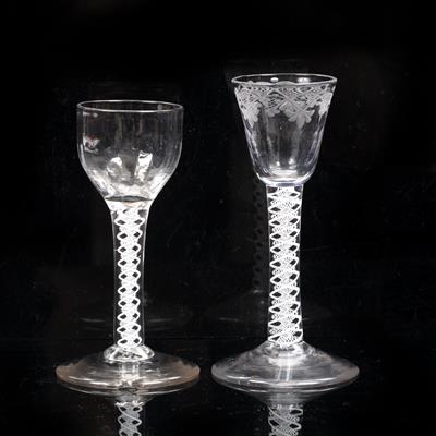 Lot 319 - TWO 18TH CENTURY CORDIAL GLASSES part faceted round funnel bowls