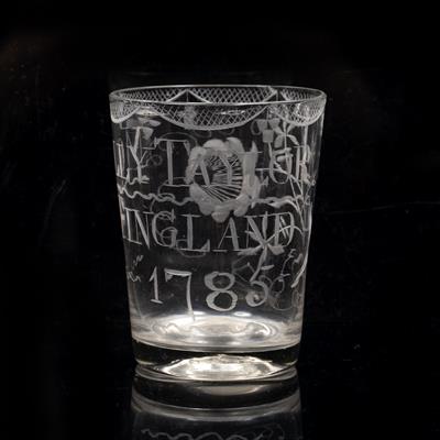 Lot 324 - AN 18TH CENTURY TUMBLER engraved 'MOLLY TAYLOR FINGLAND 1785' with a pattern border