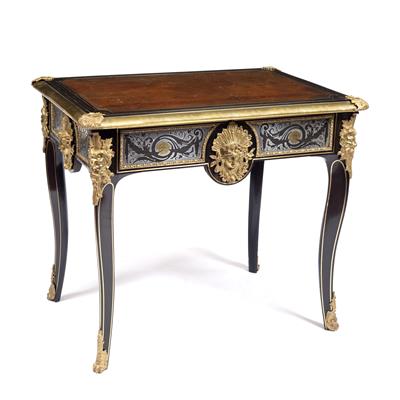 Lot 335 - A 19TH CENTURY FRENCH EBONY VENEERED AND BRASS INLAID BUREAU PLAT with gilt metal mask decoration