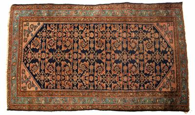 Lot 339 - A HAMADAN DARK BLUE GROUND RUG with a diamond lattice panel and triple border