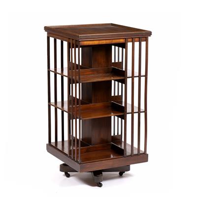 Lot 349 - A MAHOGANY FOUR TIER SQUARE REVOLVING BOOKCASE with splat sides and tray top