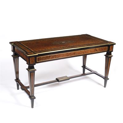 Lot 356 - A FRENCH AMBOYNA AND EBONY INLAID RECTANGULAR WRITING TABLE fitted one long drawer