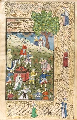 Lot 360 - AN INDIAN ISLAMIC DOUBLE SIDED PAINTING depicting a procession with palanquin