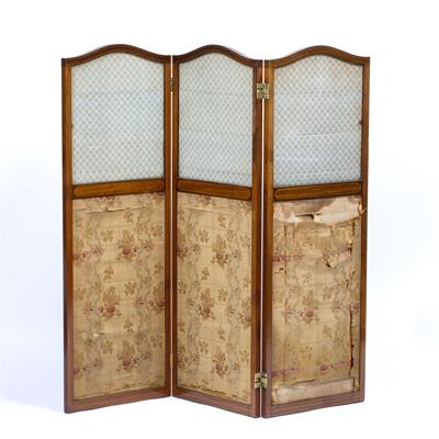 Lot 375 - A 19TH CENTURY MAHOGANY FOUR FOLD DRAUGHT SCREEN with green silk panels