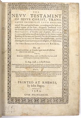Lot 402 - A 16TH CENTURY NEW TESTAMENT printed in Rhémes by John Fogney 1582 with tables