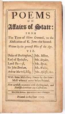 Lot 479 - Poems on Affairs of State: from the Time of Oliver Cromwell to the Abdication of K James the Second
