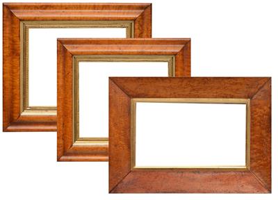 Lot 465 - A PAIR OF 19TH CENTURY MAPLE FRAMES with cushion moulded borders and gilt inner slips