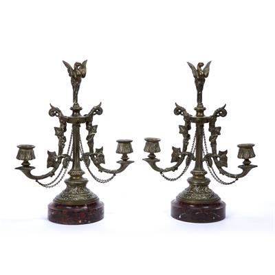 Lot 50 - Pair of brass twin branch candlesticks