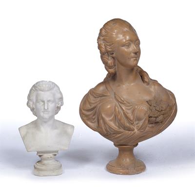 Lot 125 - Plaster bust of Madame du Barry after Pajou 51cm and a smaller plaster bust of Mozart, 31cm (2)