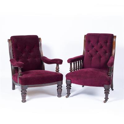 Lot 140 - Two mahogany burgundy upholstered armchairs